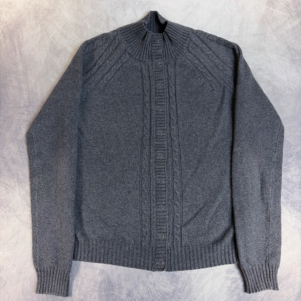 Columbia Cardigan Sweater Womens Medium Gray Cable‎ Knit Button Mock Neck Raglan